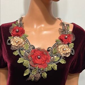 Floral Statement Necklace with Red and Gold AccentsTextile  Necklace  Handmade